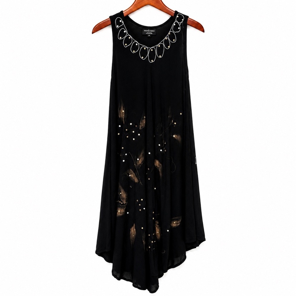 Ocean Breeze Black Rayon Sleeveless Embroidered Sequin Sharkbite Midi Dress OS